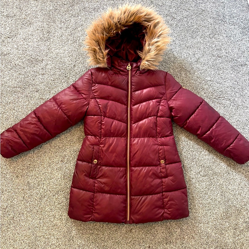 Michael Kors Maroon Jacket with Faux Fur Trim